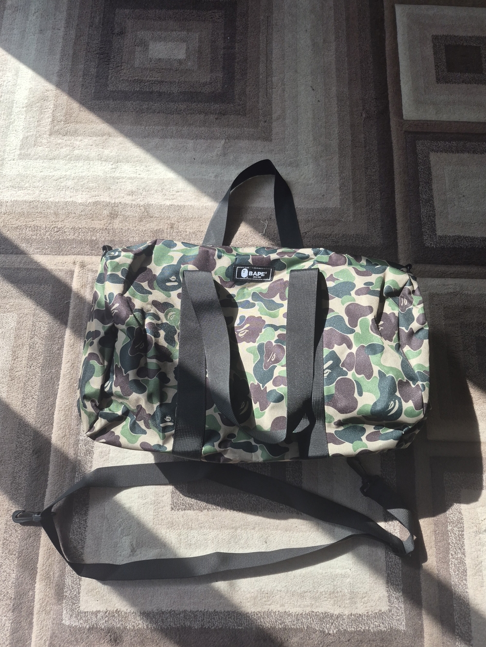 Bape Green Brown Camo Duffel Bag with Black Straps